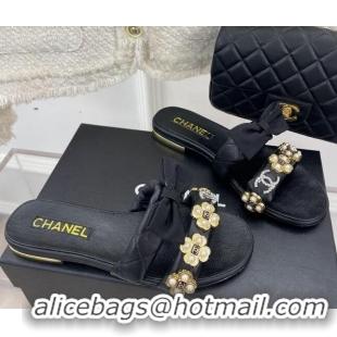 Good Quality Chanel Lambskin Flat Slide Sandals with Bow and Pearl Bloom G40132 Black