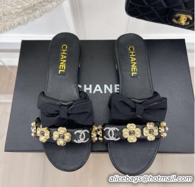 Good Quality Chanel Lambskin Flat Slide Sandals with Bow and Pearl Bloom G40132 Black