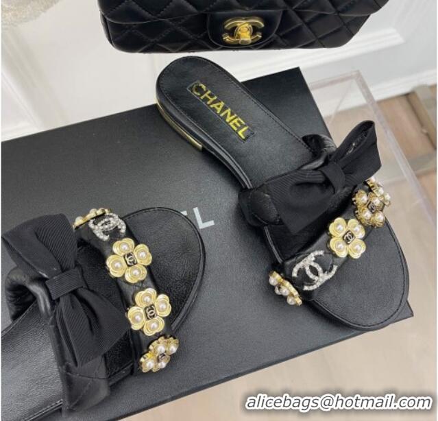 Good Quality Chanel Lambskin Flat Slide Sandals with Bow and Pearl Bloom G40132 Black