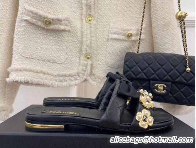 Good Quality Chanel Lambskin Flat Slide Sandals with Bow and Pearl Bloom G40132 Black