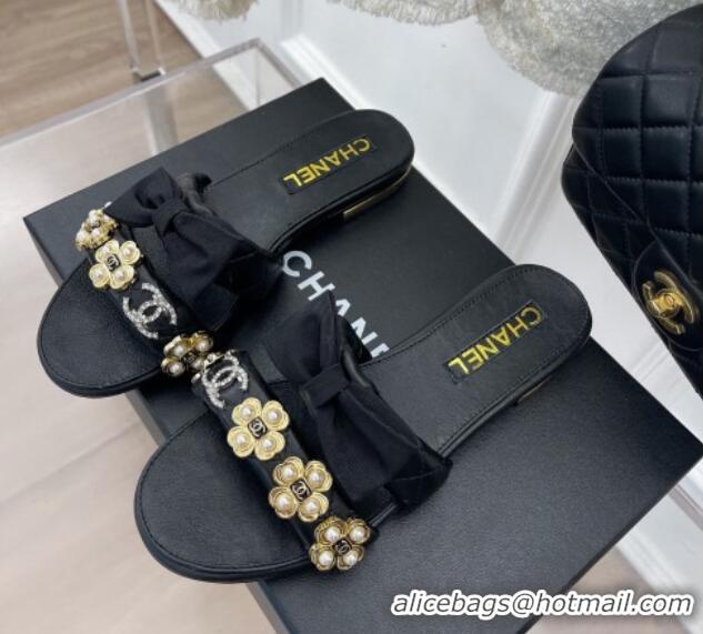 Good Quality Chanel Lambskin Flat Slide Sandals with Bow and Pearl Bloom G40132 Black