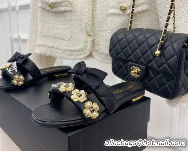 Good Quality Chanel Lambskin Flat Slide Sandals with Bow and Pearl Bloom G40132 Black