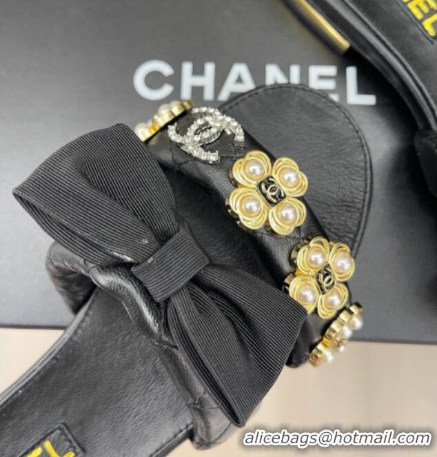 Good Quality Chanel Lambskin Flat Slide Sandals with Bow and Pearl Bloom G40132 Black