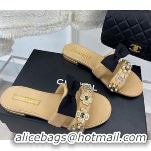 Grade Quality Chanel Lambskin Flat Slide Sandals with Bow and Pearl Bloom G40132 Beige