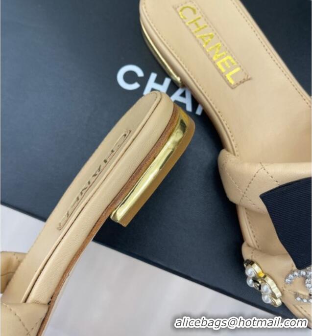 Grade Quality Chanel Lambskin Flat Slide Sandals with Bow and Pearl Bloom G40132 Beige