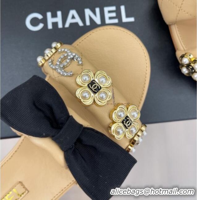 Grade Quality Chanel Lambskin Flat Slide Sandals with Bow and Pearl Bloom G40132 Beige