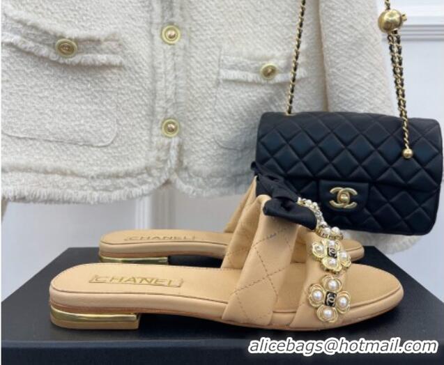 Grade Quality Chanel Lambskin Flat Slide Sandals with Bow and Pearl Bloom G40132 Beige