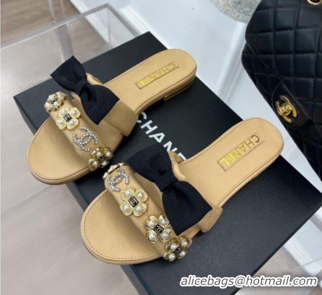 Grade Quality Chanel Lambskin Flat Slide Sandals with Bow and Pearl Bloom G40132 Beige