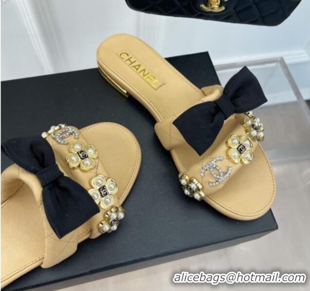 Grade Quality Chanel Lambskin Flat Slide Sandals with Bow and Pearl Bloom G40132 Beige