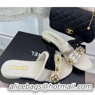 Classic Hot Chanel Lambskin Flat Slide Sandals with Bow and Pearl Bloom G40132 White