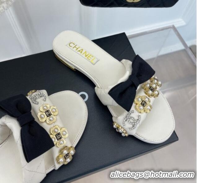 Classic Hot Chanel Lambskin Flat Slide Sandals with Bow and Pearl Bloom G40132 White