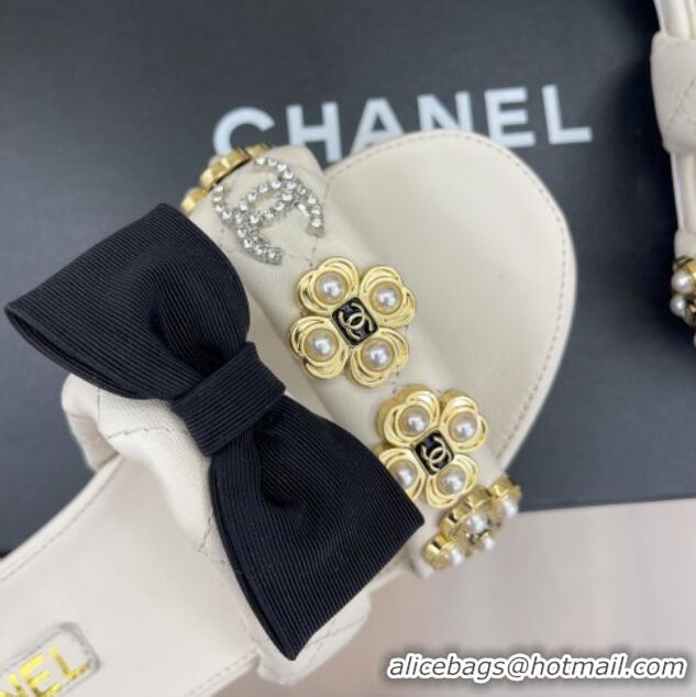 Classic Hot Chanel Lambskin Flat Slide Sandals with Bow and Pearl Bloom G40132 White