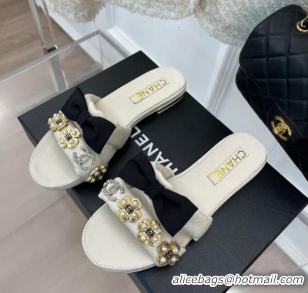 Classic Hot Chanel Lambskin Flat Slide Sandals with Bow and Pearl Bloom G40132 White