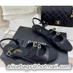 Perfect Chanel Lambskin Flat Sandals with Double Buckle Black 327022