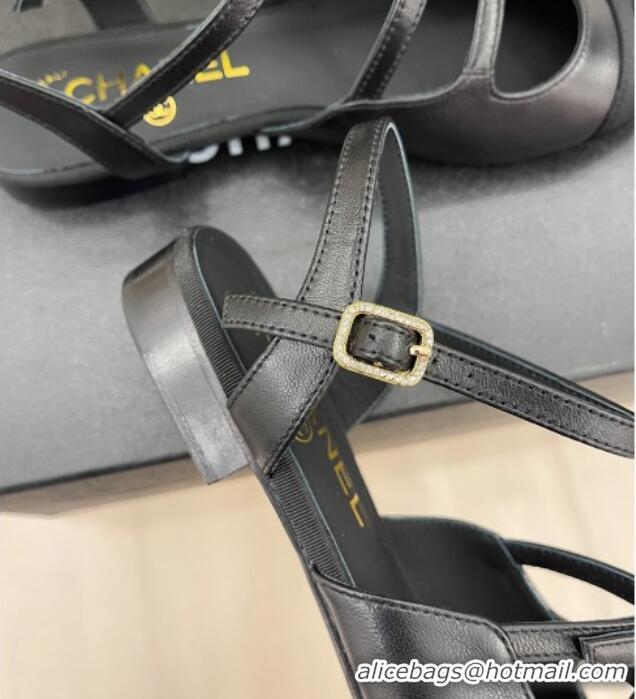 Perfect Chanel Lambskin Flat Sandals with Double Buckle Black 327022