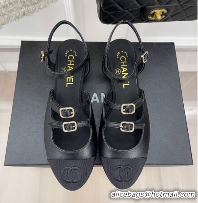 Perfect Chanel Lambskin Flat Sandals with Double Buckle Black 327022