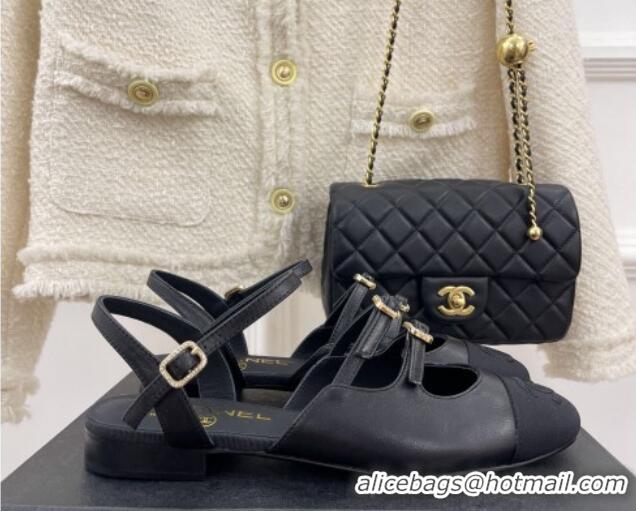 Perfect Chanel Lambskin Flat Sandals with Double Buckle Black 327022