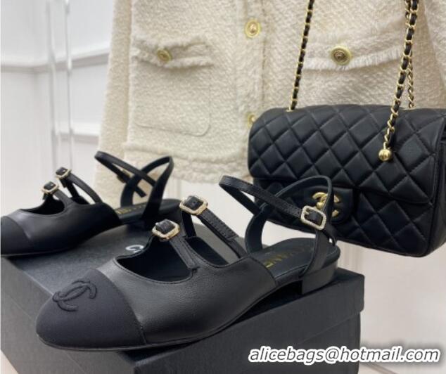 Perfect Chanel Lambskin Flat Sandals with Double Buckle Black 327022