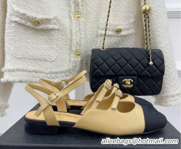 Durable Chanel Lambskin Flat Sandals with Double Buckle Beige 327023