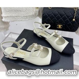 Luxury Chanel Lambskin Flat Sandals with Double Buckle White 327024