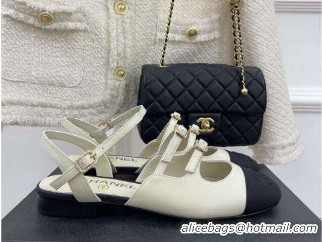 Luxury Chanel Lambskin Flat Sandals with Double Buckle White 327024