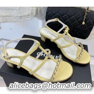 Low Price Chanel Lambskin Heel Sandals 4.5cm with Chain and Crystal CC G39645 Yellow