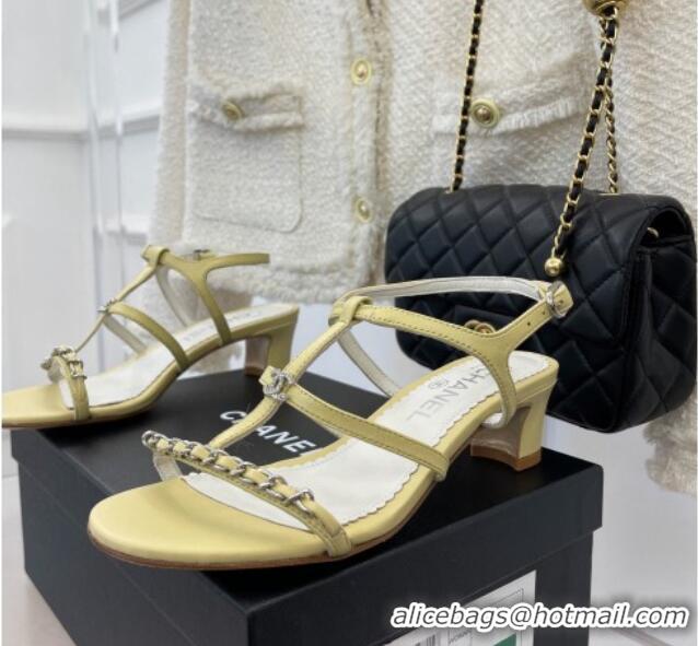 Low Price Chanel Lambskin Heel Sandals 4.5cm with Chain and Crystal CC G39645 Yellow