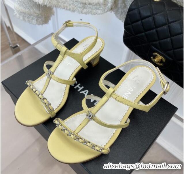 Low Price Chanel Lambskin Heel Sandals 4.5cm with Chain and Crystal CC G39645 Yellow