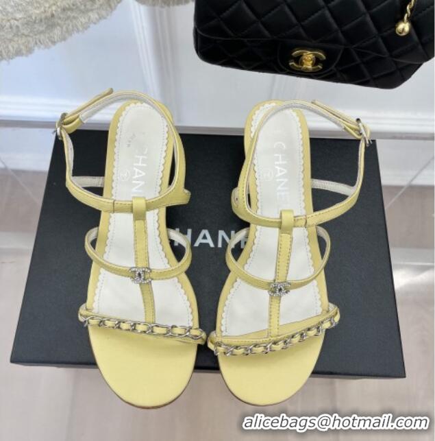 Low Price Chanel Lambskin Heel Sandals 4.5cm with Chain and Crystal CC G39645 Yellow