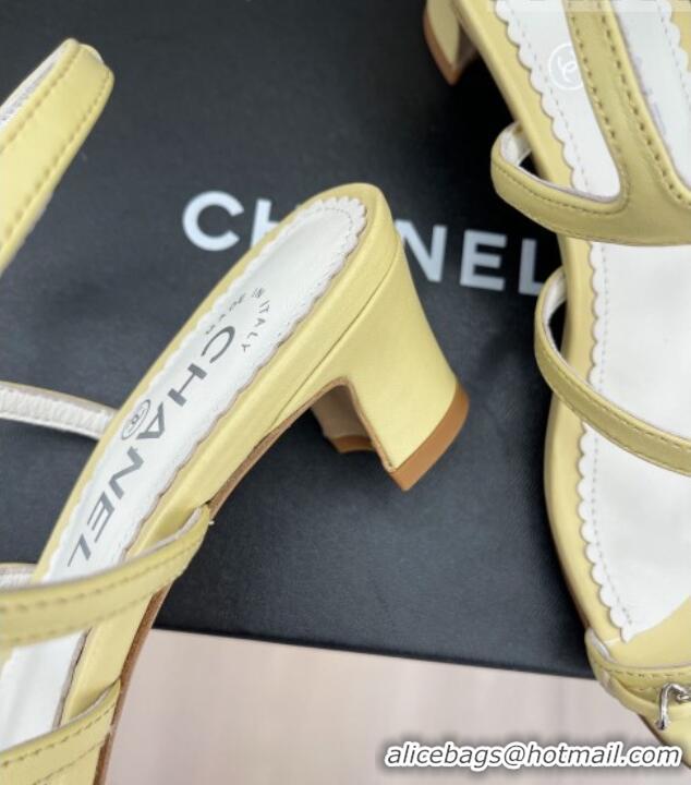 Low Price Chanel Lambskin Heel Sandals 4.5cm with Chain and Crystal CC G39645 Yellow