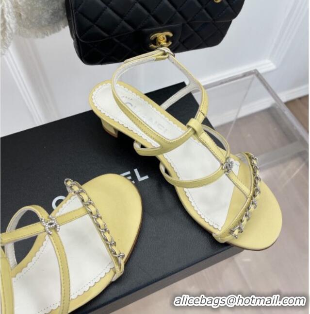 Low Price Chanel Lambskin Heel Sandals 4.5cm with Chain and Crystal CC G39645 Yellow