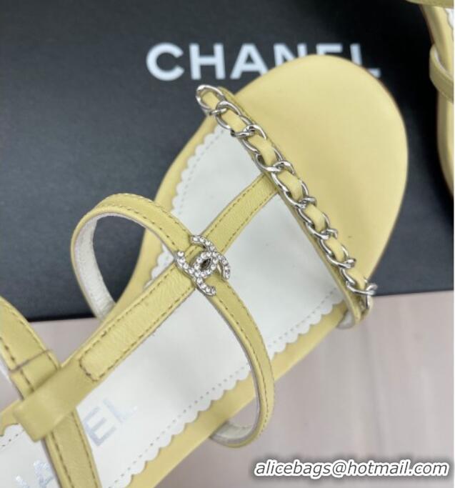 Low Price Chanel Lambskin Heel Sandals 4.5cm with Chain and Crystal CC G39645 Yellow