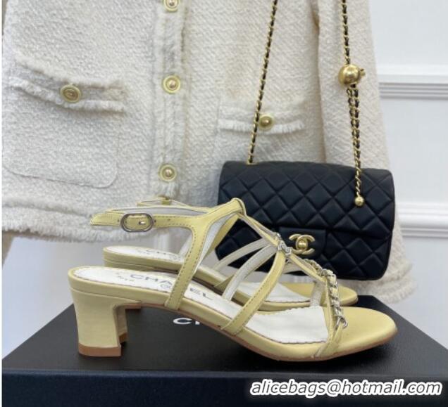 Low Price Chanel Lambskin Heel Sandals 4.5cm with Chain and Crystal CC G39645 Yellow