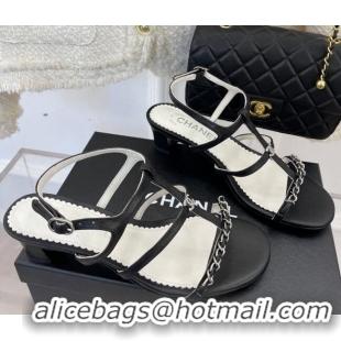 Best Grade Chanel Lambskin Heel Sandals 4.5cm with Chain and Crystal CC G39645 Black