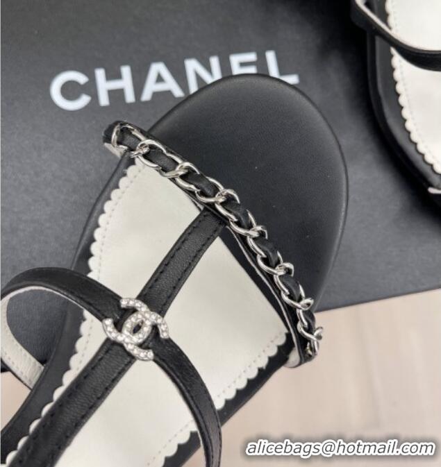 Best Grade Chanel Lambskin Heel Sandals 4.5cm with Chain and Crystal CC G39645 Black