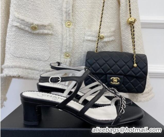 Best Grade Chanel Lambskin Heel Sandals 4.5cm with Chain and Crystal CC G39645 Black