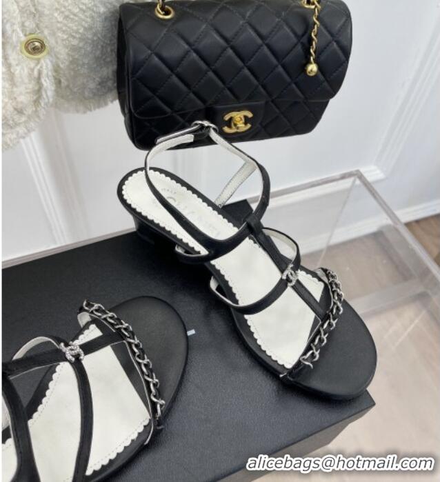 Best Grade Chanel Lambskin Heel Sandals 4.5cm with Chain and Crystal CC G39645 Black