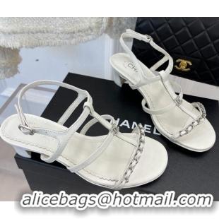 Best Product Chanel Lambskin Heel Sandals 4.5cm with Chain and Crystal CC G39645 White 327027