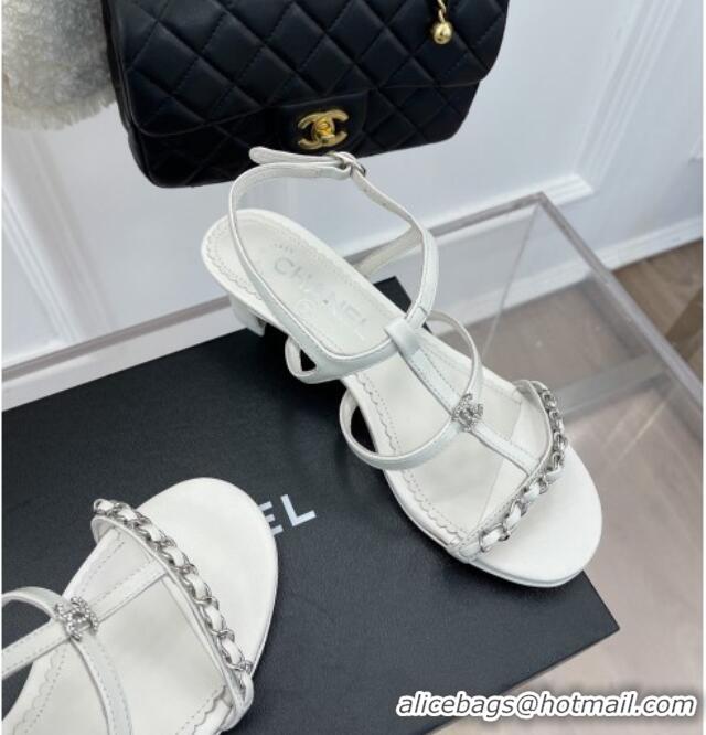 Best Product Chanel Lambskin Heel Sandals 4.5cm with Chain and Crystal CC G39645 White 327027