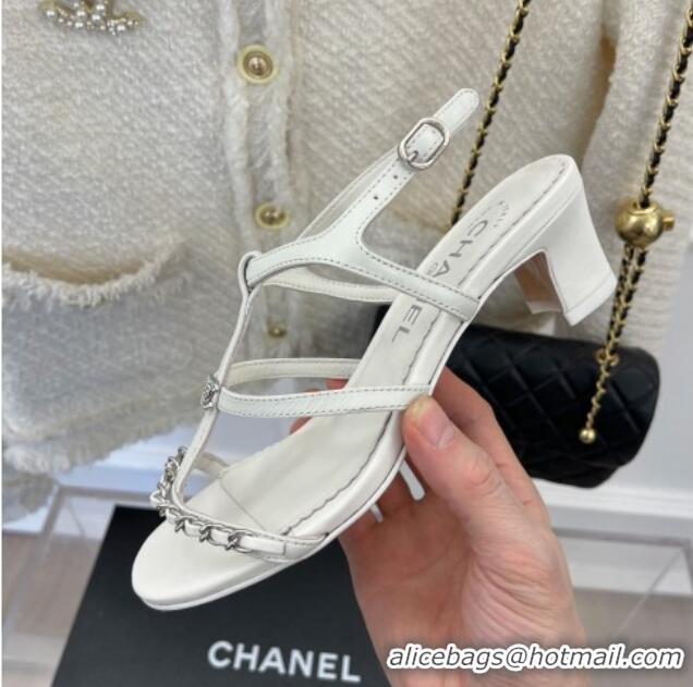 Best Product Chanel Lambskin Heel Sandals 4.5cm with Chain and Crystal CC G39645 White 327027