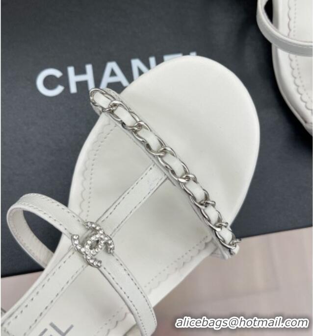 Best Product Chanel Lambskin Heel Sandals 4.5cm with Chain and Crystal CC G39645 White 327027