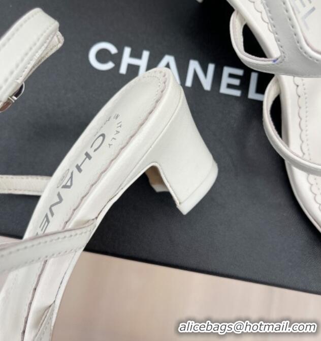 Best Product Chanel Lambskin Heel Sandals 4.5cm with Chain and Crystal CC G39645 White 327027