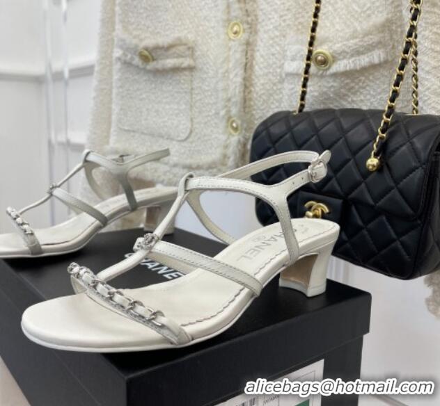 Best Product Chanel Lambskin Heel Sandals 4.5cm with Chain and Crystal CC G39645 White 327027