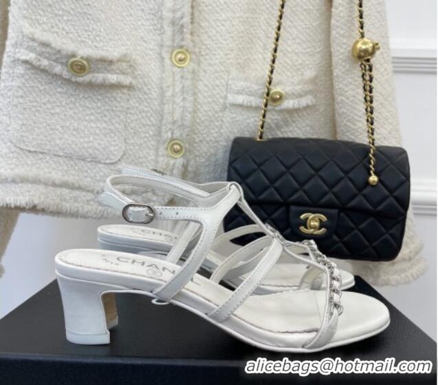 Best Product Chanel Lambskin Heel Sandals 4.5cm with Chain and Crystal CC G39645 White 327027