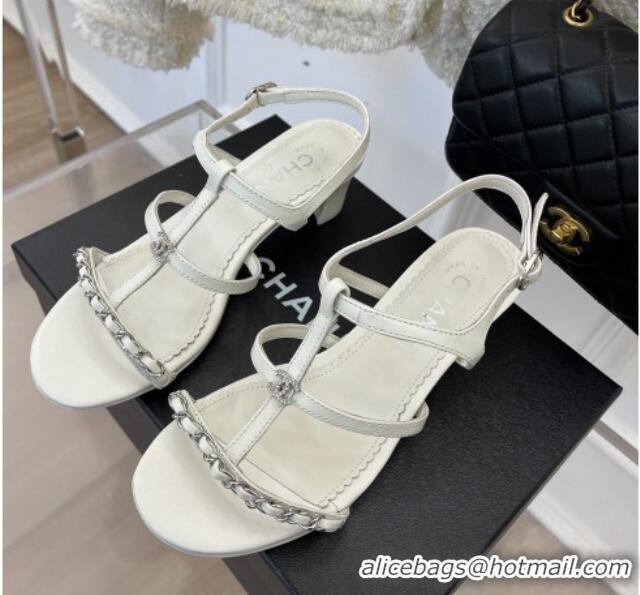 Best Product Chanel Lambskin Heel Sandals 4.5cm with Chain and Crystal CC G39645 White 327027