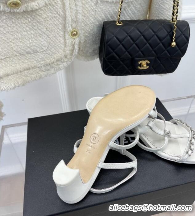 Best Product Chanel Lambskin Heel Sandals 4.5cm with Chain and Crystal CC G39645 White 327027