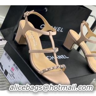 Charming Chanel Lambskin Heel Sandals 4.5cm with Chain and Crystal CC G39645 Beige 327028