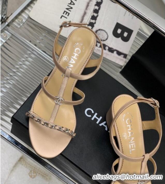 Charming Chanel Lambskin Heel Sandals 4.5cm with Chain and Crystal CC G39645 Beige 327028