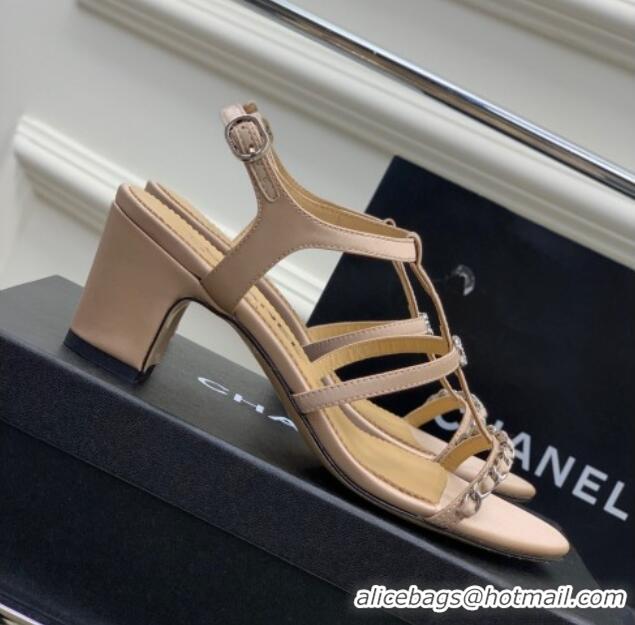 Charming Chanel Lambskin Heel Sandals 4.5cm with Chain and Crystal CC G39645 Beige 327028