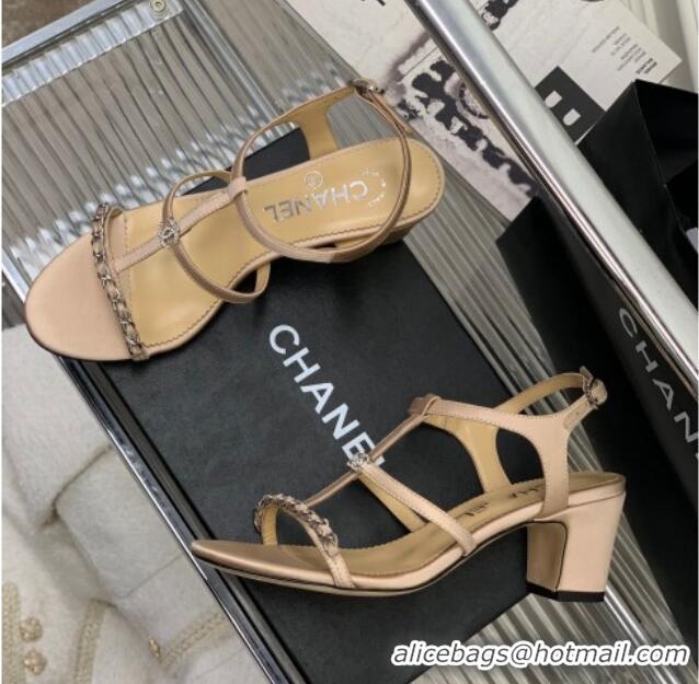 Charming Chanel Lambskin Heel Sandals 4.5cm with Chain and Crystal CC G39645 Beige 327028